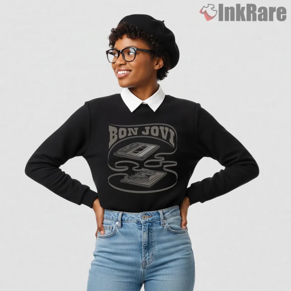 Bon Jovi Retro Cassette Tape Outline Minimal Music Shirt on graphic shirt for women graphic tee