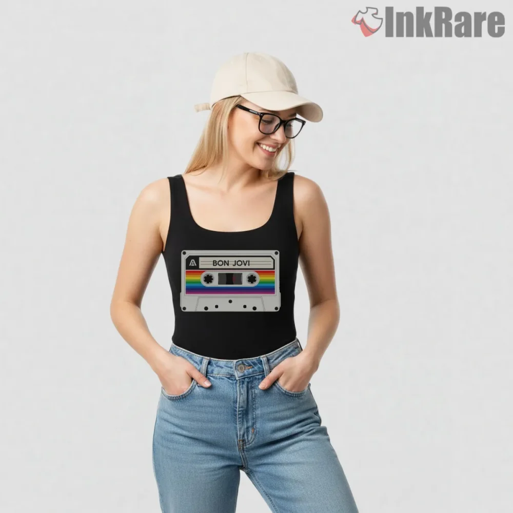 Bon Jovi Retro Cassette Tape Rainbow Music Shirt on black tank top for women graphic tee