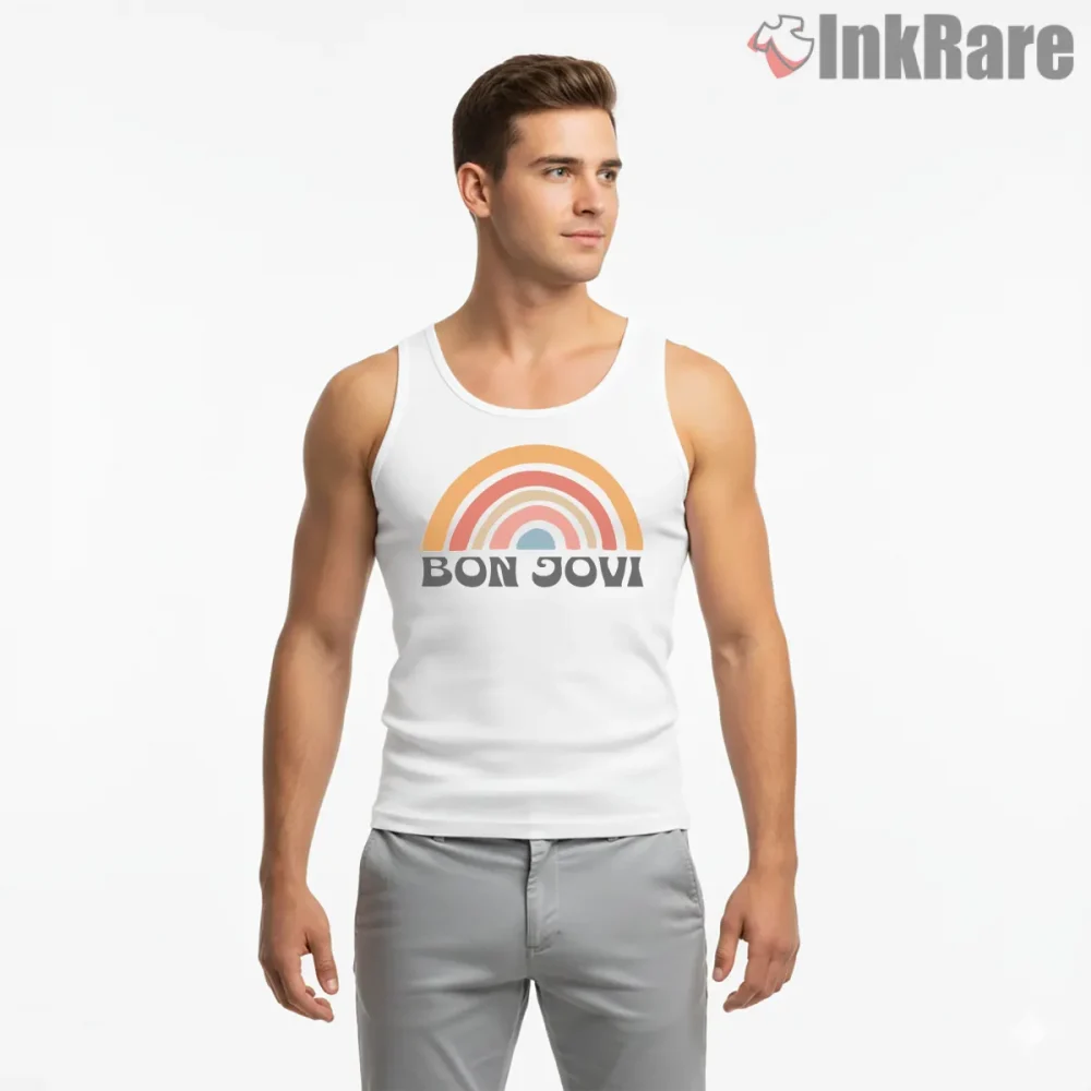 Bon Jovi Retro Rainbow Arc Vintage Minimalist Shirt on white tank top for men graphic tee