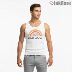 Bon Jovi Retro Rainbow Arc Vintage Minimalist Shirt on white tank top for men graphic tee