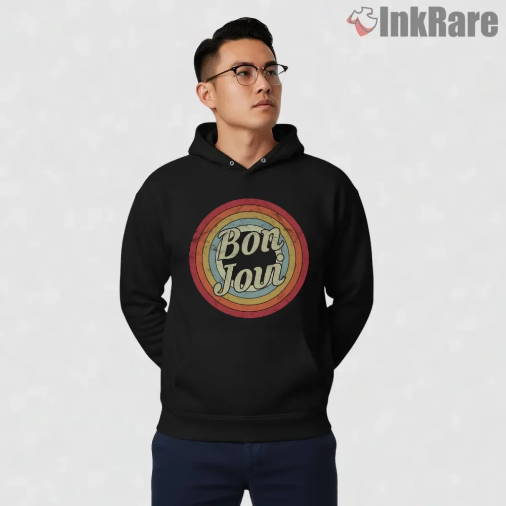 Bon Jovi Retro Rainbow Circle Classic Logo Shirt on black hoodie for men graphic tee
