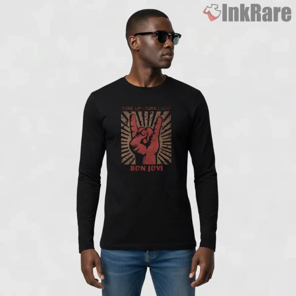 Bon Jovi Rock Hand Sign Tune Up Turn Loud Graphic Shirt on black long sleeve shirt for men graphic tee