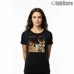 Bon Jovi Runaway Street Night Vintage Album Scene Shirt on black short sleeve shirt for women graphic tee