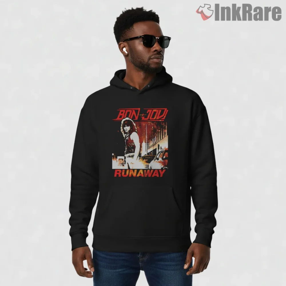 Bon Jovi Runaway Vintage Street Night Scene Shirt on black hoodie for men graphic tee
