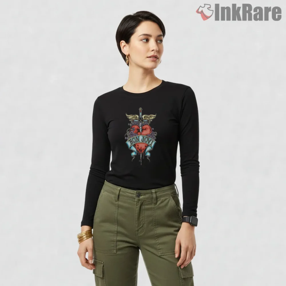 Bon Jovi Sacred Heart Dagger Ribbon Classic Rock Shirt on black long sleeve shirt for women graphic tee