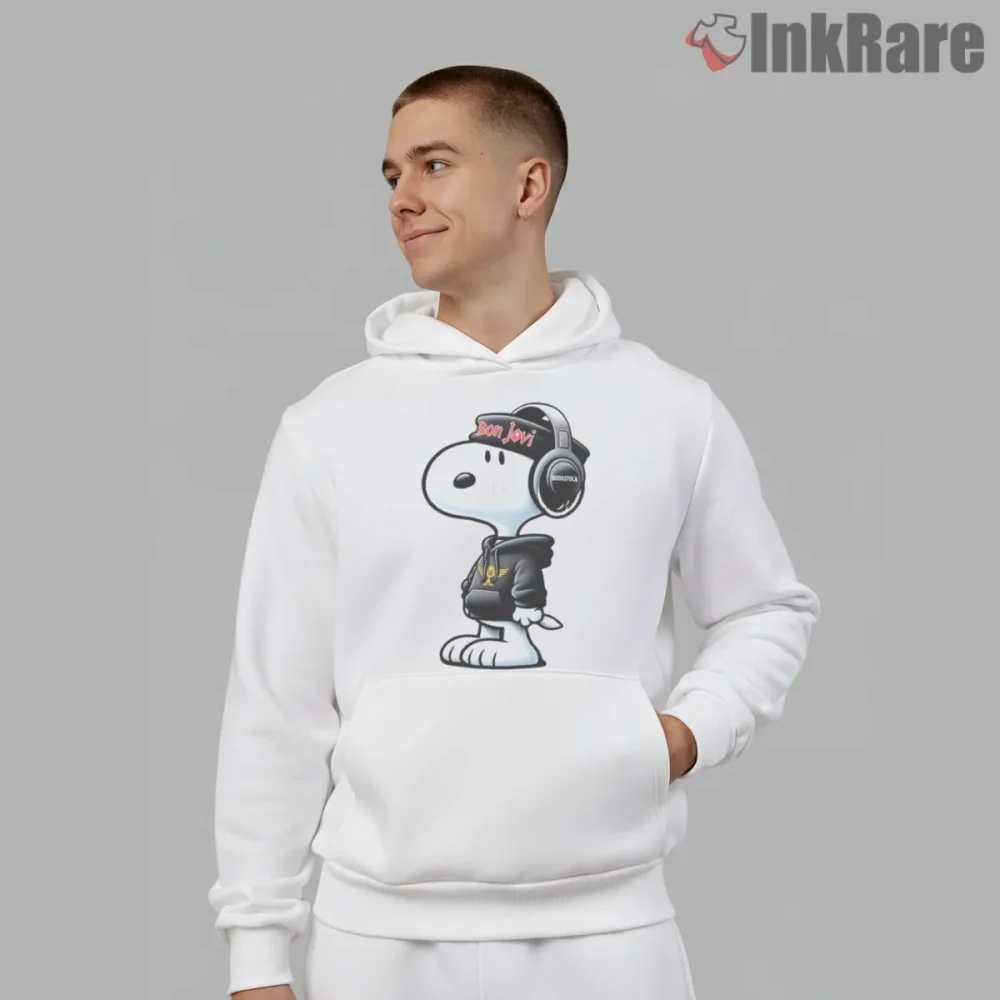Bon Jovi Snoopy Headphones Peanuts Rock Star Tribute Shirt on white hoodie for men graphic tee