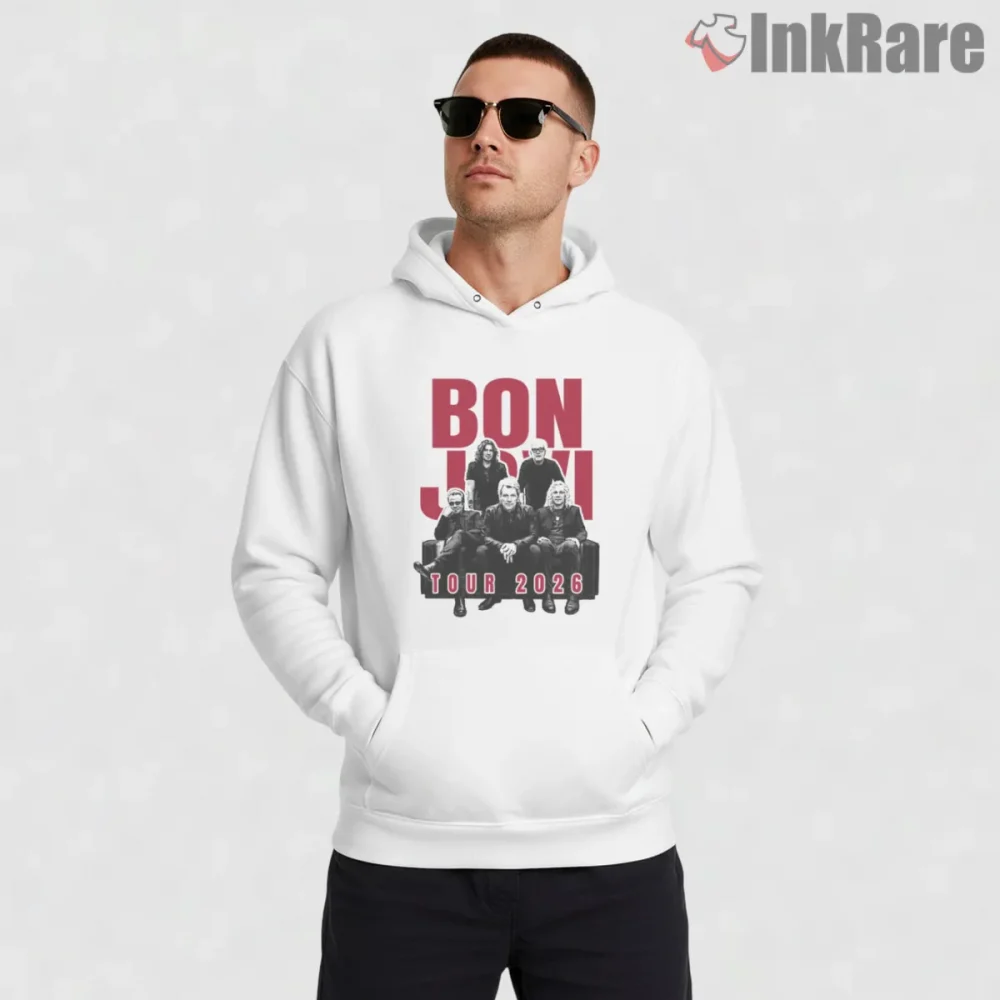 Bon Jovi Tour 2026 Band Lineup Live Event Shirt on white hoodie for men graphic tee