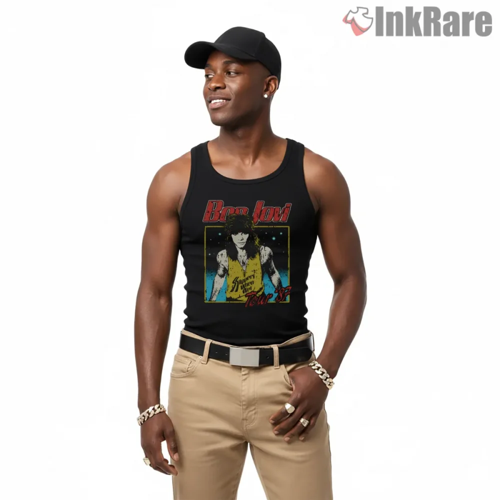 Bon Jovi Tour 87 Vintage Album Style Portrait Shirt on black tank top for men graphic tee
