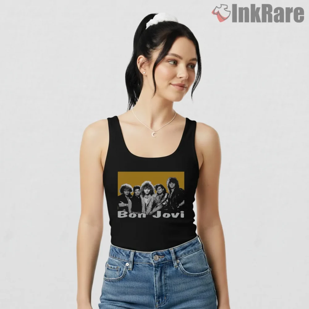 Bon Jovi Vintage Band Group Yellow Tone Retro Shirt on black tank top for women graphic tee