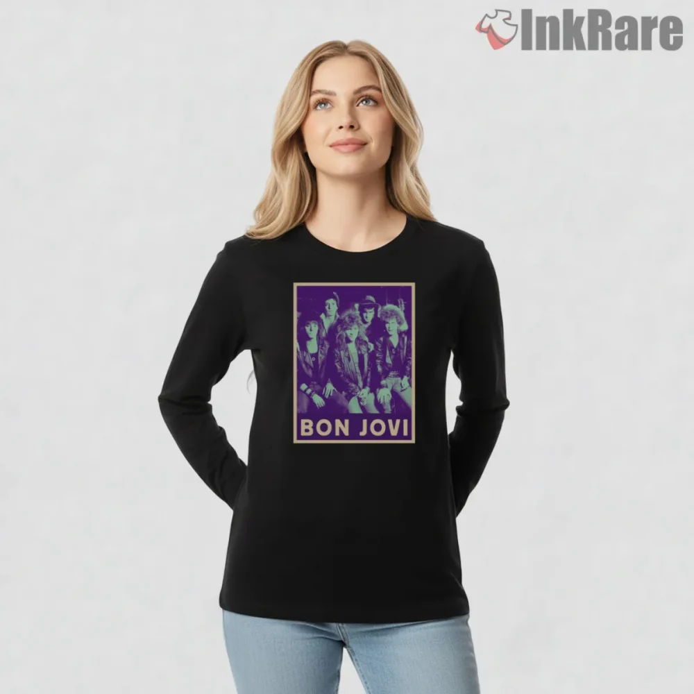 Bon Jovi Vintage Band Photo Purple Retro Frame Shirt on black long sleeve shirt for women graphic tee