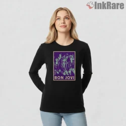 Bon Jovi Vintage Band Photo Purple Retro Frame Shirt on black long sleeve shirt for women graphic tee