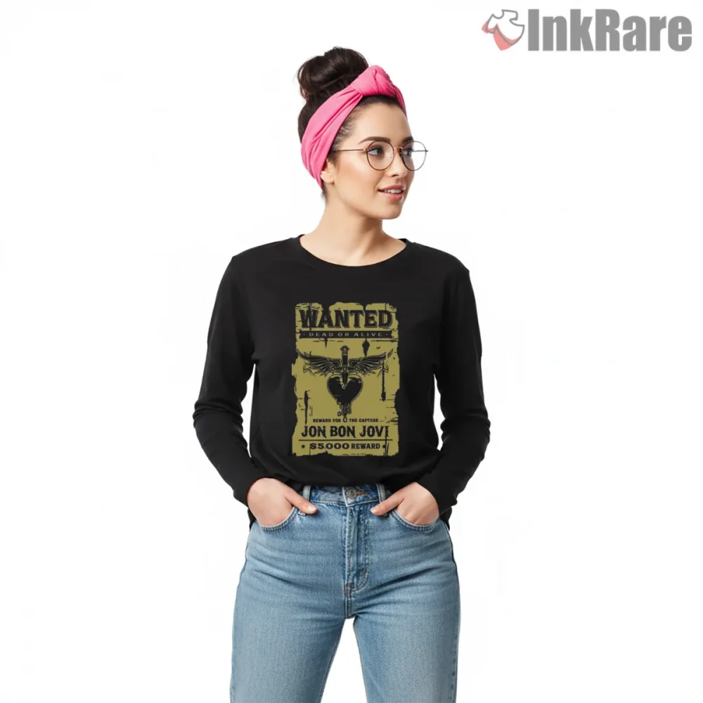 Bon Jovi Wanted Dead Or Alive Western Poster Vintage Shirt on black long sleeve shirt for women graphic tee