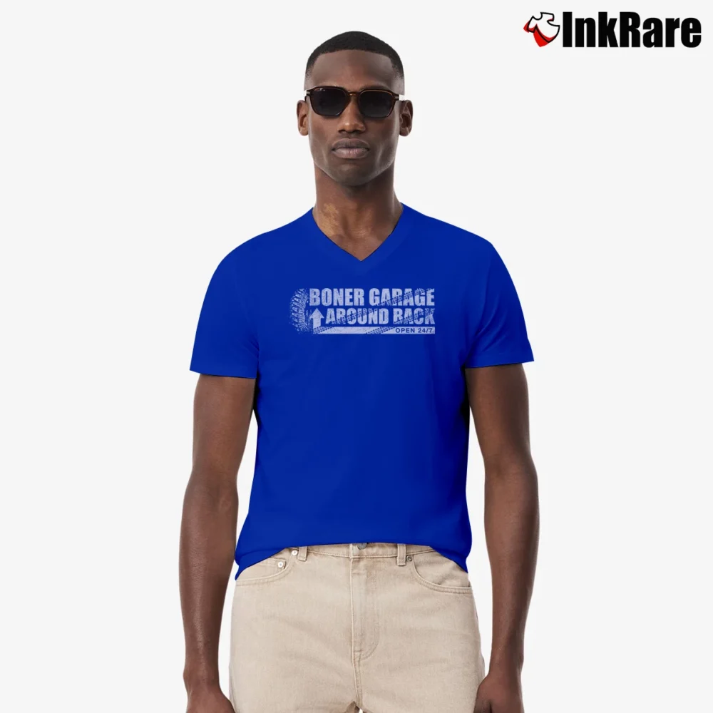 Men’s Boner Garage Graphic Humor V-Neck Tee in royal blue | Sharp, Breathable, Everyday Staple