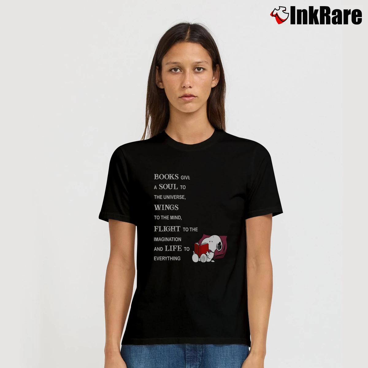 Women’s Books Give A Soul To The Universe Wings To The Mind Flight Snoopy T-Shirt in black | Soft, Flattering Fit
