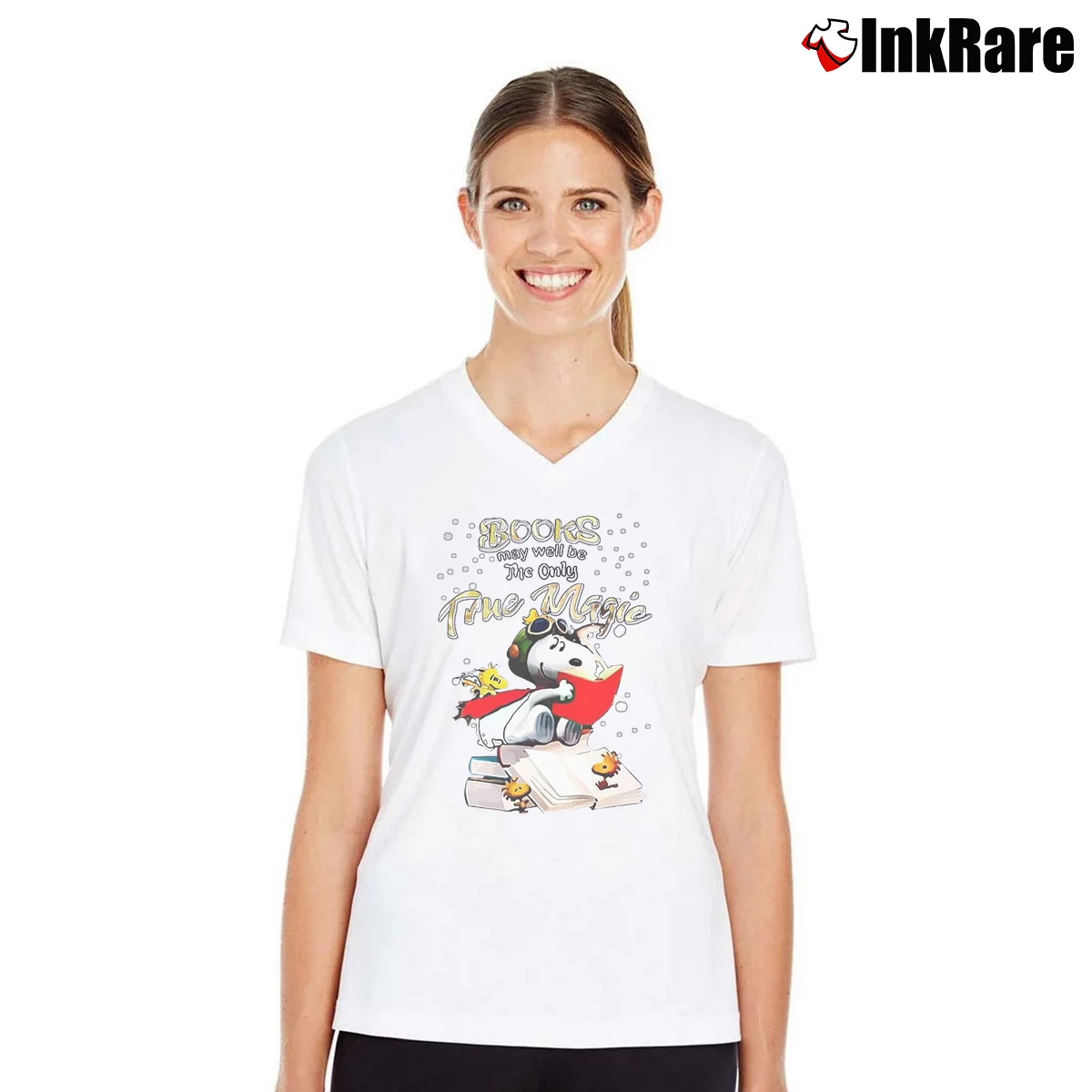 Books May Well Be The Only True Magic Snoopy Women’s V-Neck Tee in white – Flattering Fit Women’s Books May Well Be The Only True Magic Snoopy V-Neck Tee in white | Chic Neckline, Soft Texture