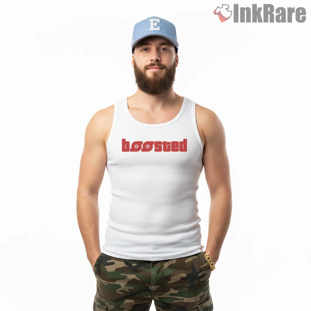 Boosted Bold Red Text Minimal Gta Street Slang Shirt on white tank top for men graphic tee
