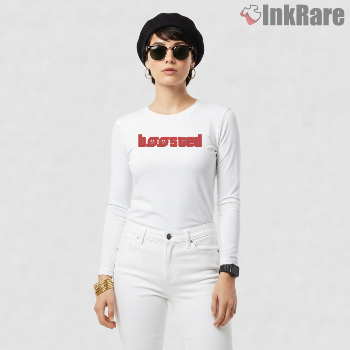 Boosted Bold Red Text Minimal Gta Street Slang Long Sleeve White Boosted Bold Red Text Minimal Gta Street Slang Shirt on white long sleeve shirt for women graphic tee