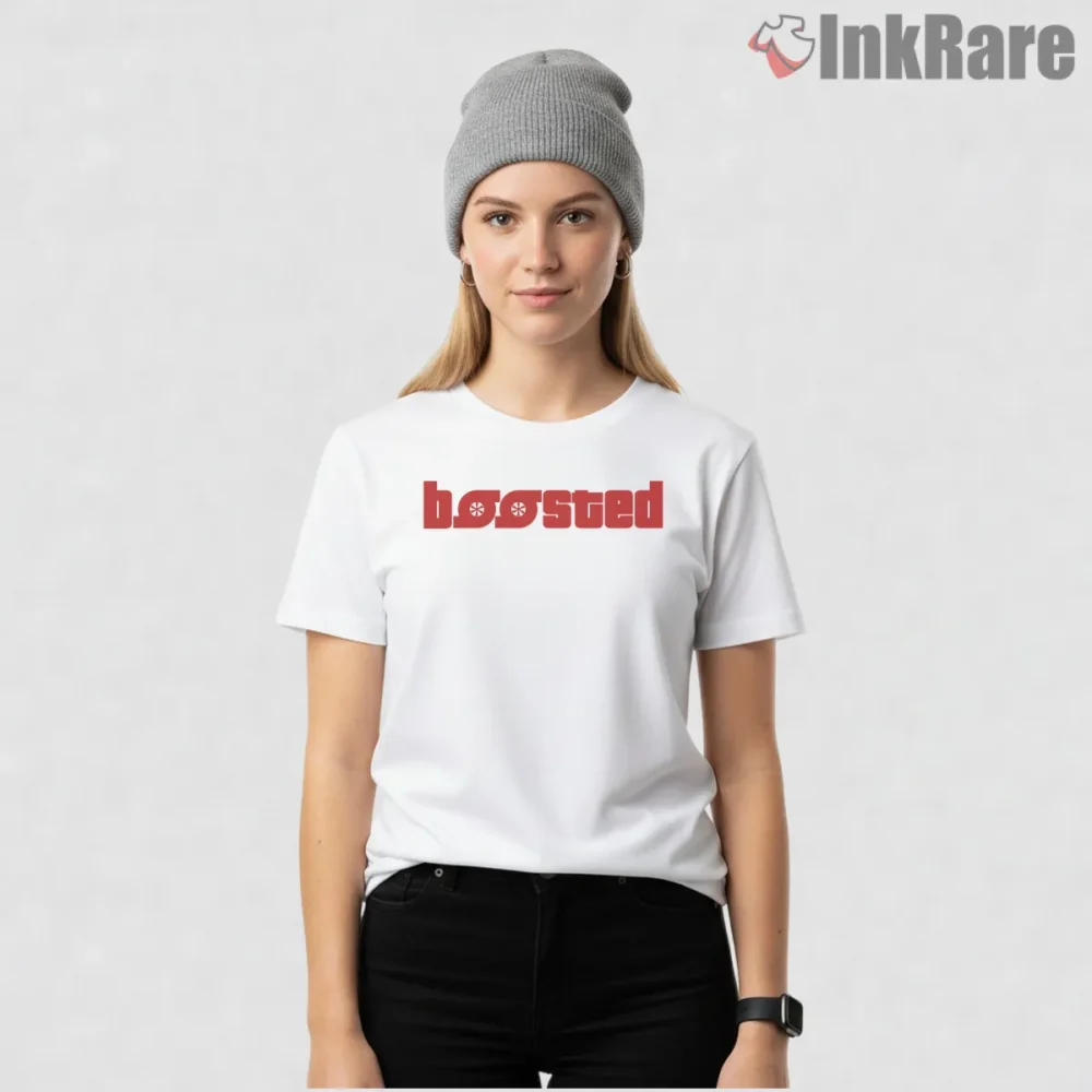 Boosted Bold Red Text Minimal Gta Street Slang Shirt on white short sleeve shirt for women graphic tee