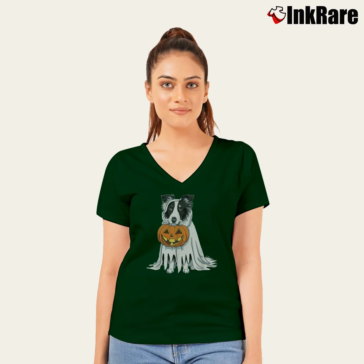Women’s Border Collie Ghost Dog Halloween V-Neck Tee in forest green | Chic Neckline, Soft Texture