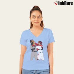 Women’s Boston Red Sox Jason Varitek Alex Rodriguez Brawl V-Neck Tee in light blue | Chic Neckline, Soft Texture