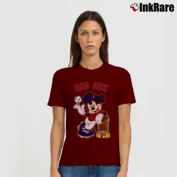 Women’s Boston Red Sox Mickey Mouse Baseball Logo Signature T-Shirt in maroon | Soft, Flattering Fit
