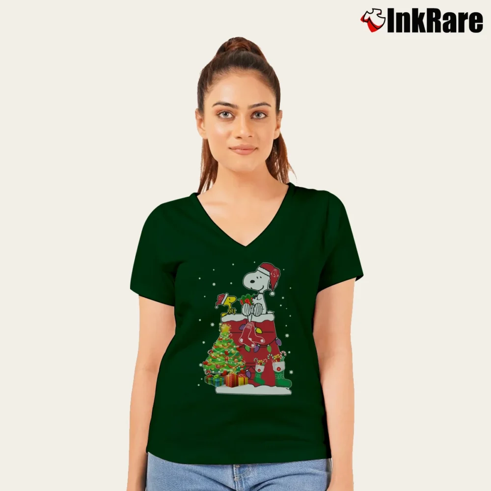 Women’s Boston Red Sox Snoopy Woodstock Christmas V-Neck Tee in forest green | Chic Neckline, Soft Texture