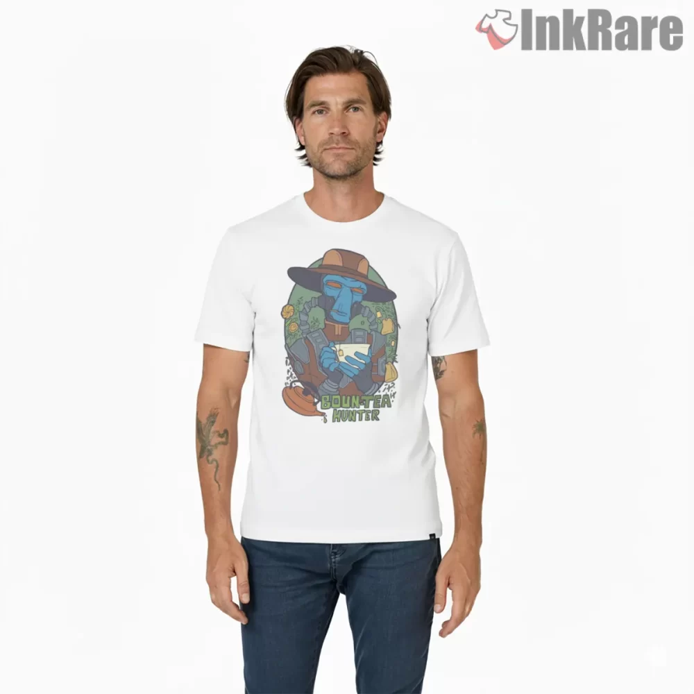 Bountea Hunter Cozy Tea Parody Shirt on white short sleeve shirt for men graphic tee