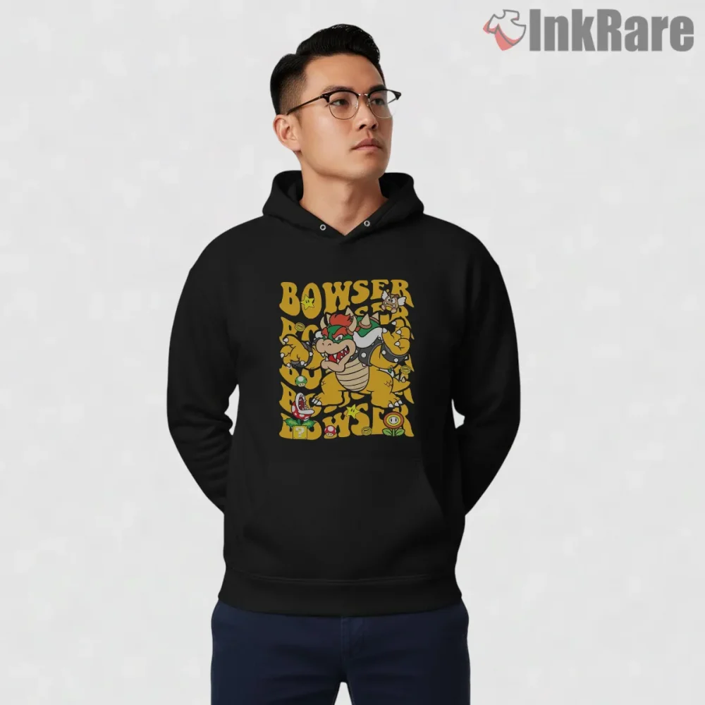 Bowser Classic Cartoon Power Pose Vintage Mario Shirt on black hoodie for men graphic tee