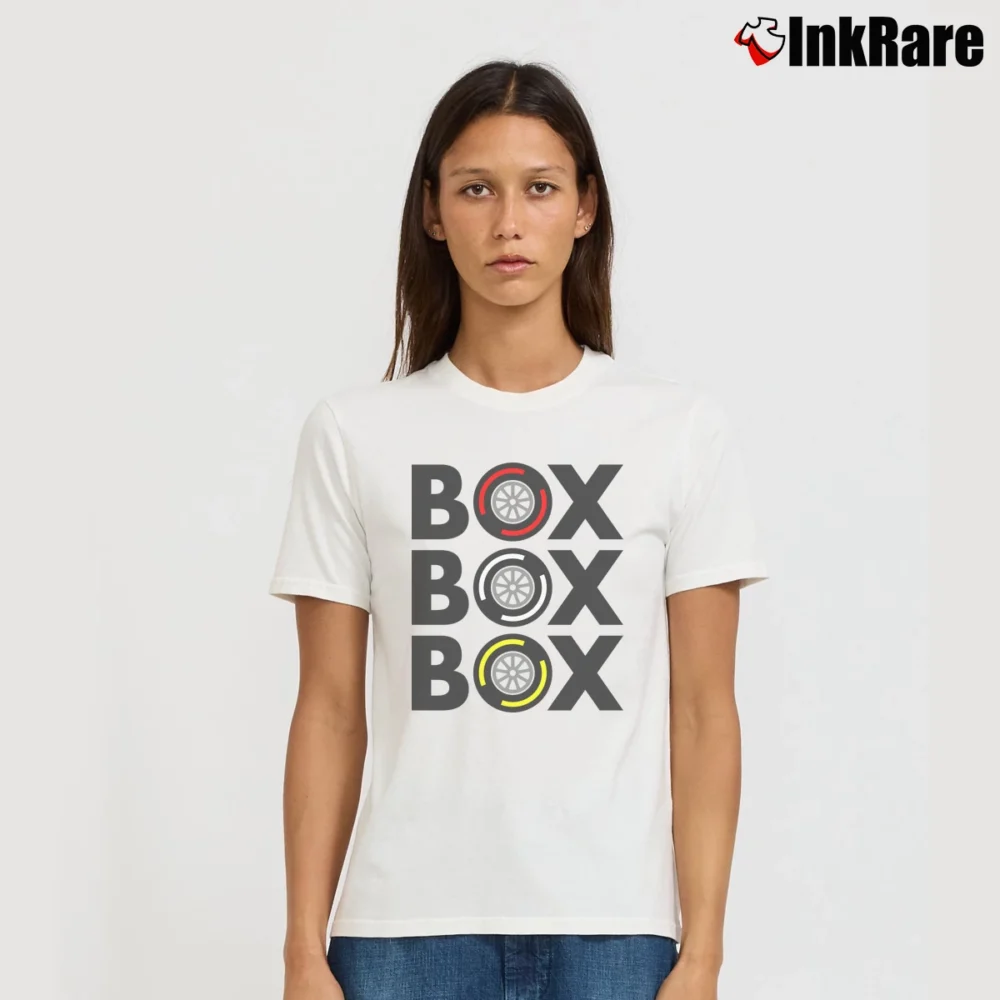 Women’s box box f1 tyre for Formula 1 Racing Fans Signature T-Shirt in white | Soft, Flattering Fit