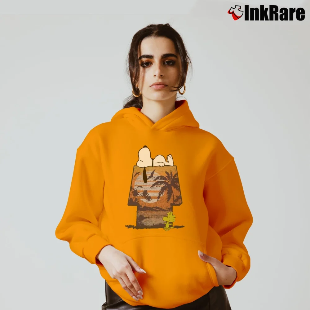 Women’s Boy Family Fun Peanuts Snoopy Tropical Graphic Cozy Hoodie in orange | Warm, Structured, Stylish