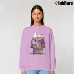 Women’s Boy Family Fun Peanuts Snoopy Tropical Graphic Relaxed Sweatshirt in light pink | Soft, Laid-Back Vibe