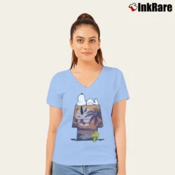Women’s Boy Family Fun Peanuts Snoopy Tropical Graphic V-Neck Tee in light blue | Chic Neckline, Soft Texture