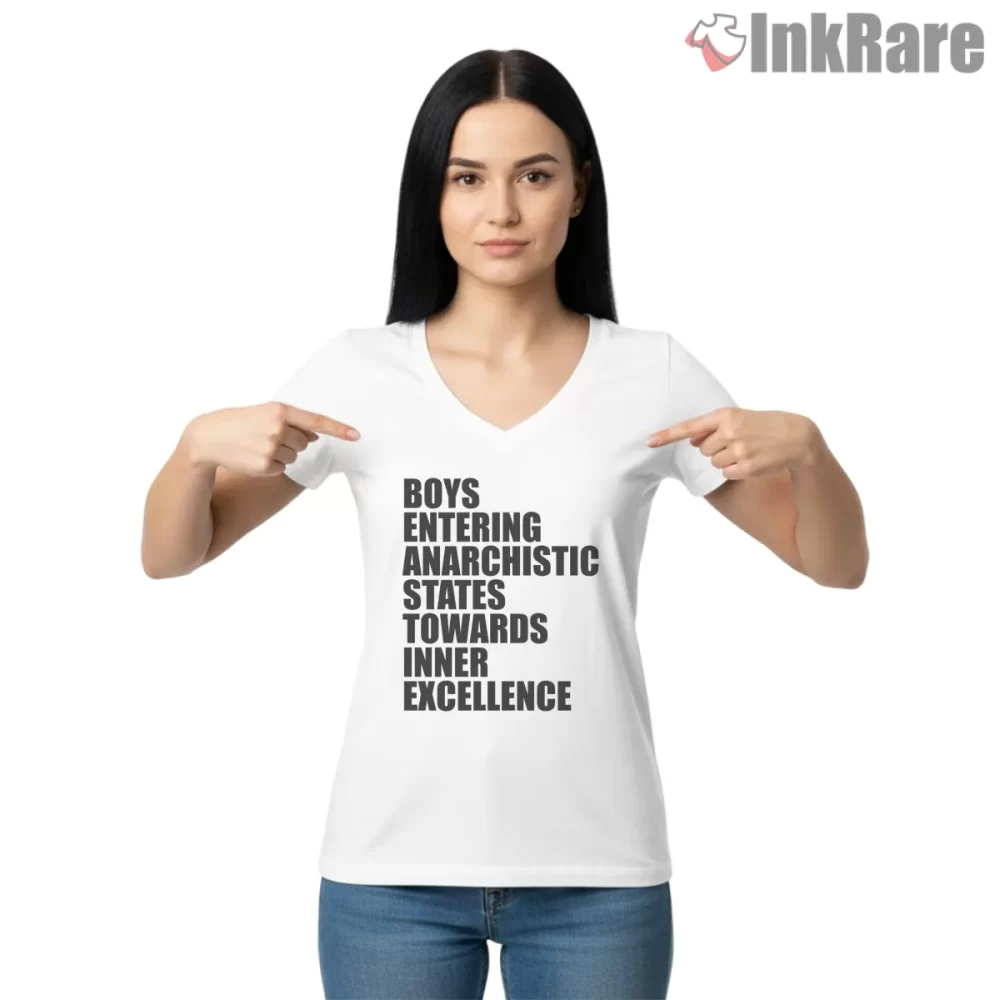 Boys Entering Anarchistic States Typographic Beastie Boys Shirt on white v-neck shirt for women graphic tee
