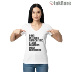 Boys Entering Anarchistic States Typographic Beastie Boys Shirt on white v-neck shirt for women graphic tee
