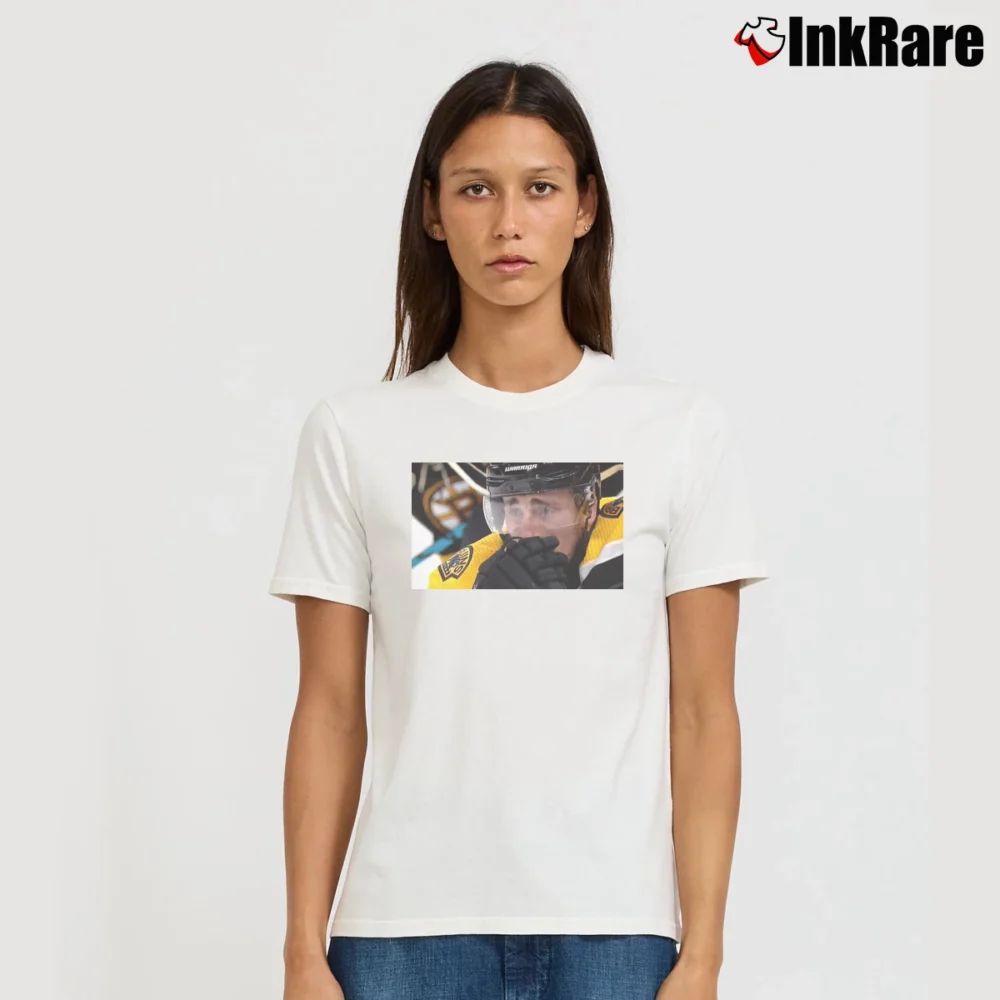 Women’s Brad Marchand Crying Meme Signature T-Shirt in white | Soft, Flattering Fit
