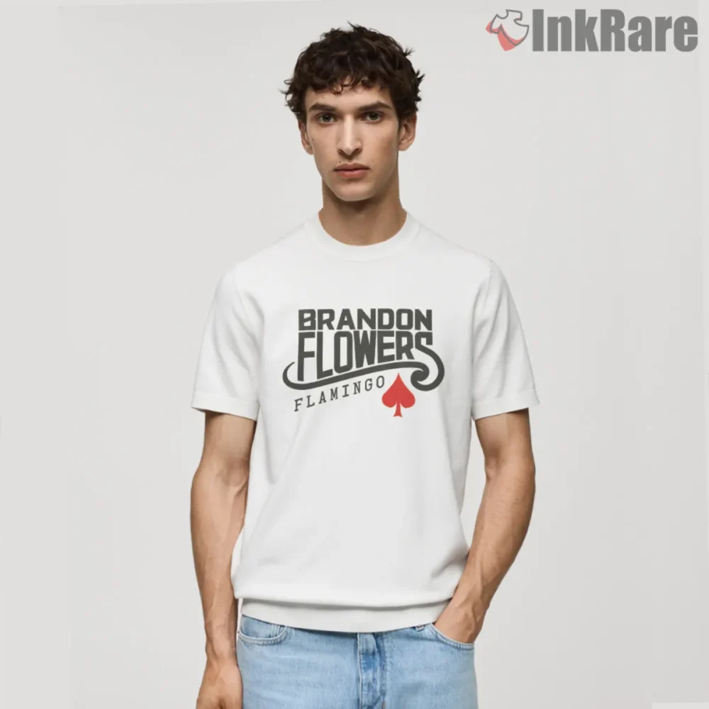 White shirt with Brandon Flowers Flamingo wordmark and red spade icon