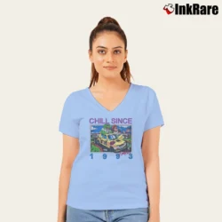 Women’s Brandy Melville Chill Since 1993 V-Neck Tee in light blue | Chic Neckline, Soft Texture