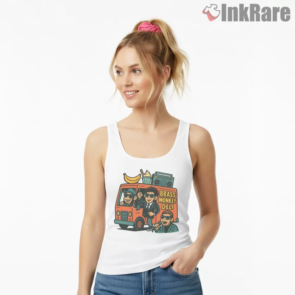 Brass Monkey Deli Food Truck Crew Shirt on white tank top for women graphic tee