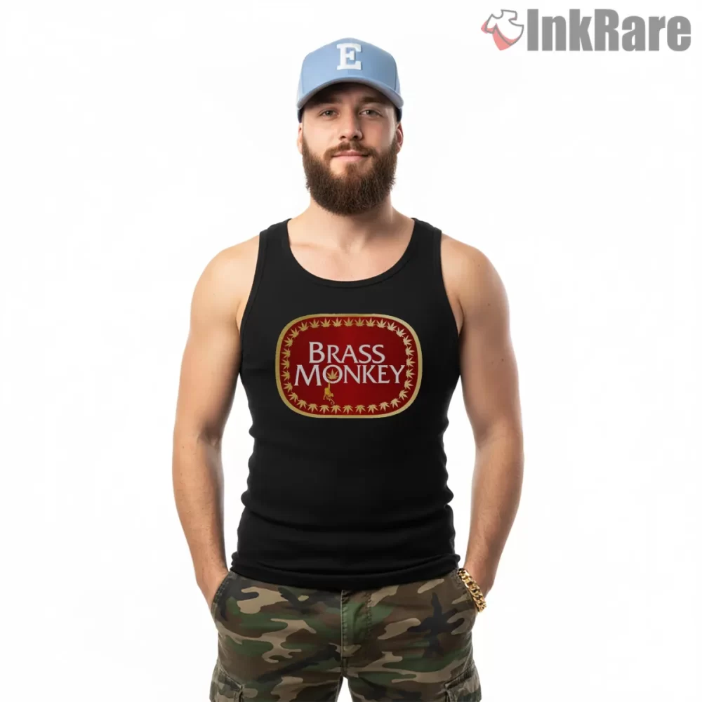 Brass Monkey Vintage Bar Label Shirt on black tank top for men graphic tee