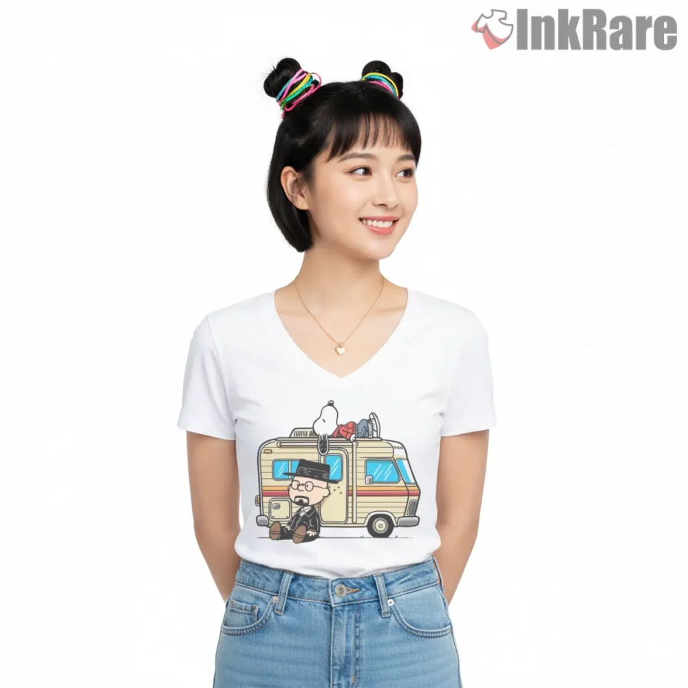Breaking Peanuts Rv Parody Shirt on white v-neck shirt for women graphic tee