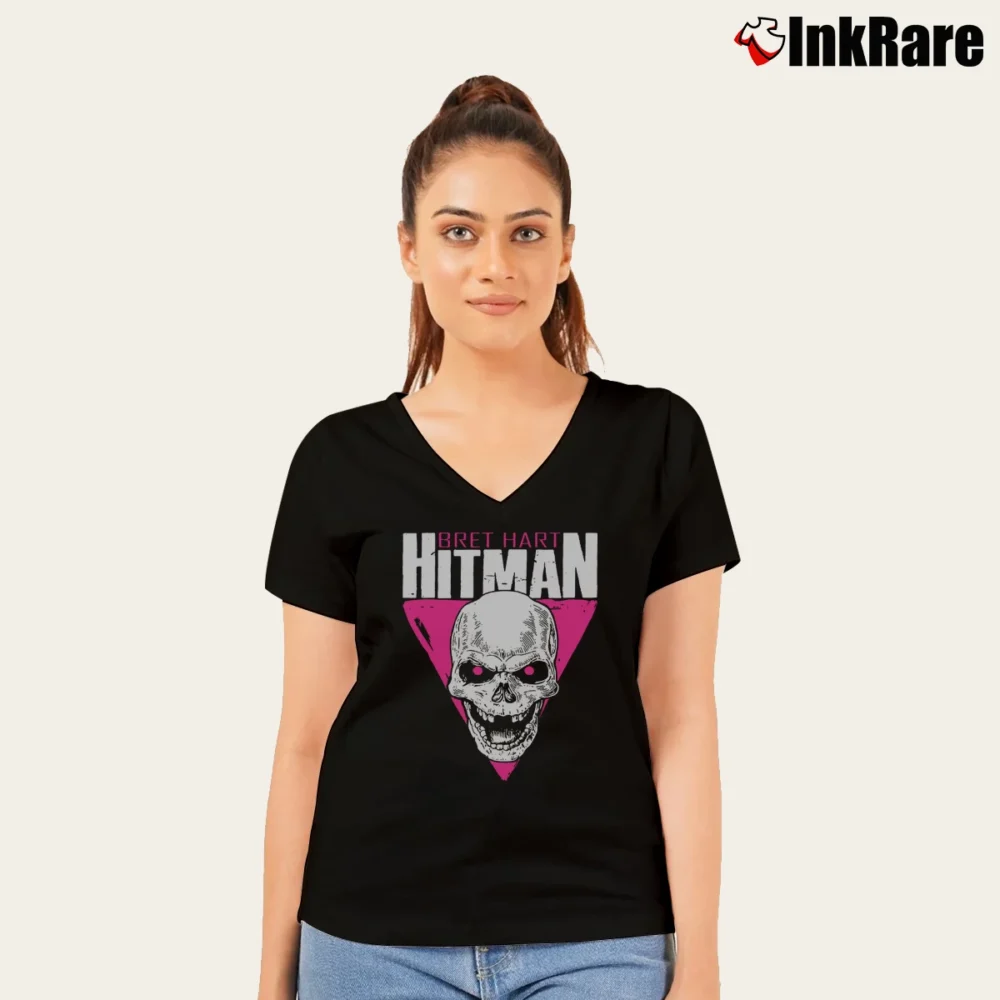 Women’s Bret Hart Hitman Skull V-Neck Tee in black | Chic Neckline, Soft Texture
