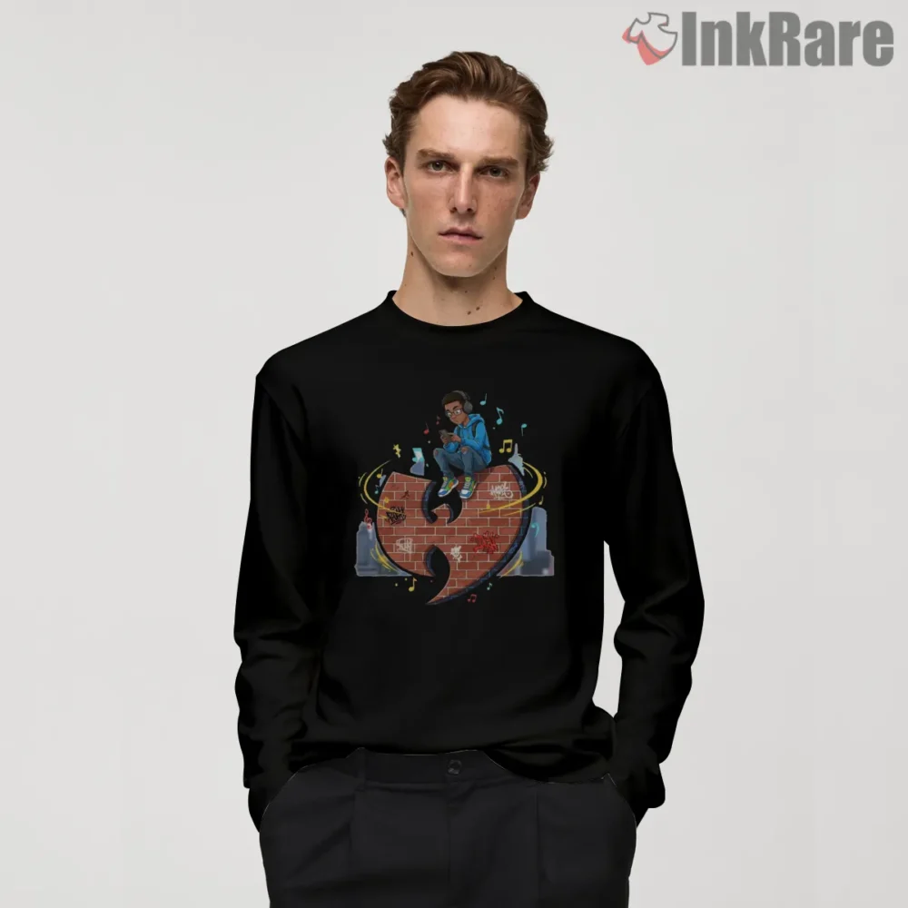 Brick Wall Music Vibes Wu Tang Logo Shirt on black long sleeve shirt for men graphic tee