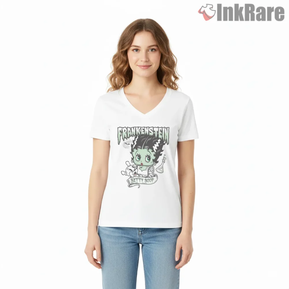 Bride Betty Boop Frankenstein Mashup Shirt on white v-neck shirt for women graphic tee