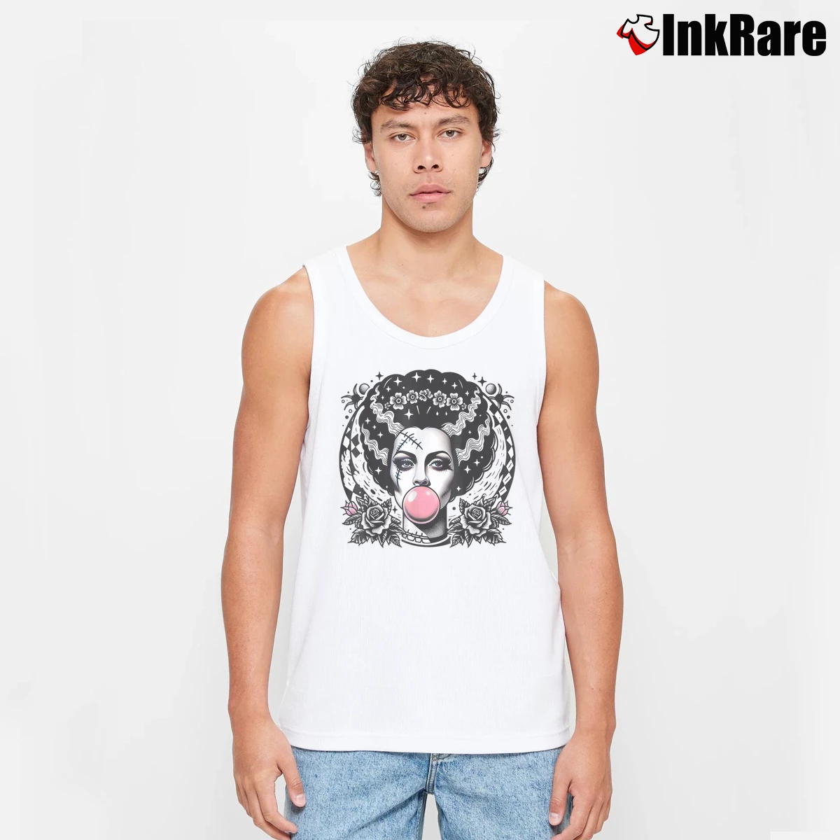 Men’s Bride Of Frankenstein Bubblegum Monster Halloween Tank Top in white | Breathable, Active-Friendly Design