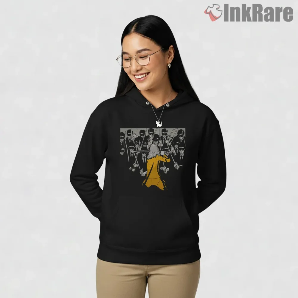 Bride Versus Crazy 88 Samurai Standoff Kill Bill Shirt on black hoodie for women graphic tee