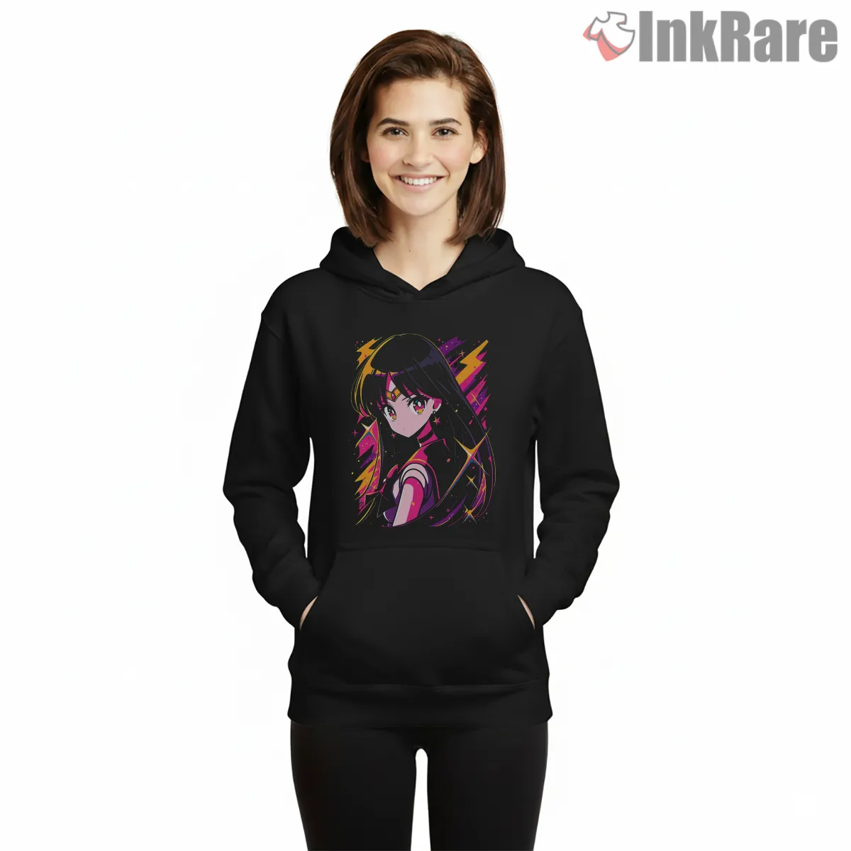 Bright Chibi Sailor Mars Energetic Shirt on black hoodie for women graphic tee
