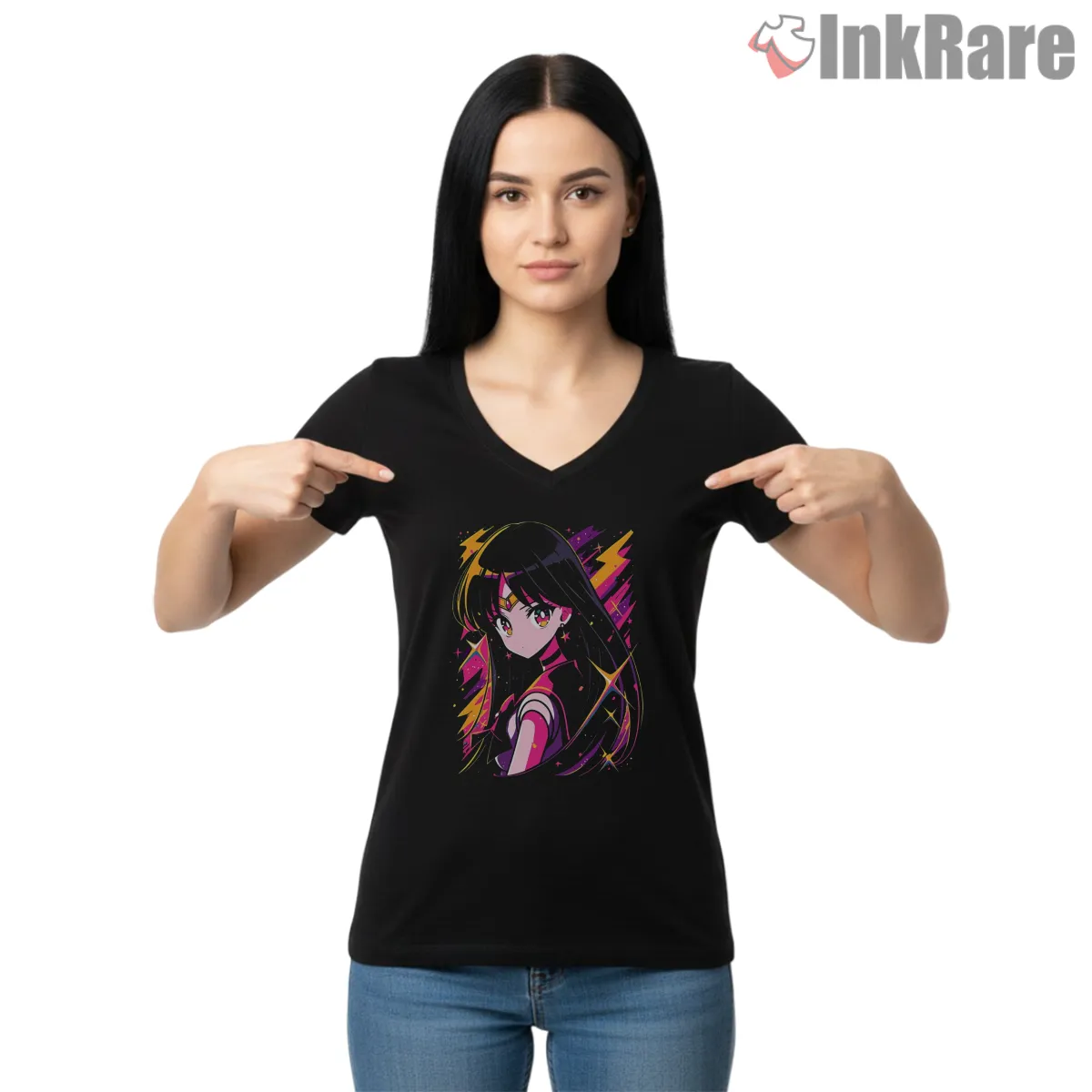 Bright Chibi Sailor Mars Energetic V Neck Black Bright Chibi Sailor Mars Energetic Shirt on black v-neck shirt for women graphic tee