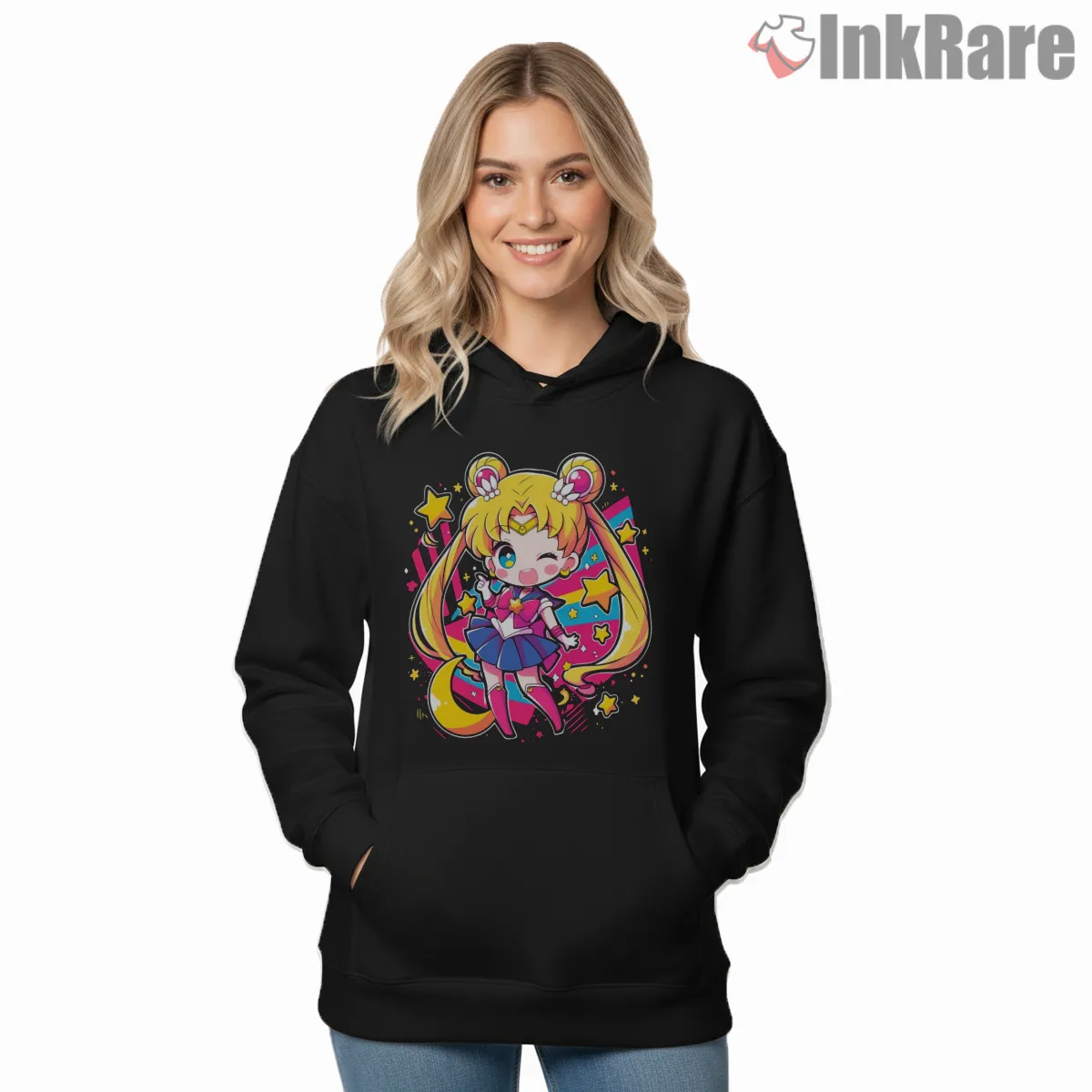 Bright Vector Style Cute Sailor Moon Shirt on black hoodie for women graphic tee