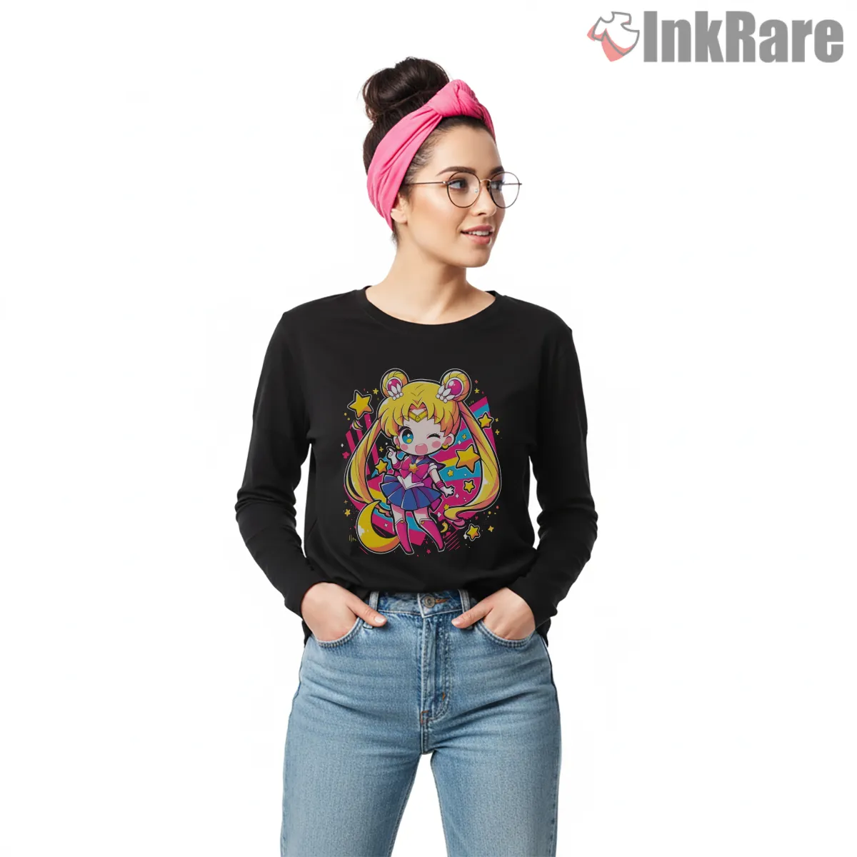 Bright Vector Style Cute Sailor Moon Long Sleeve Black Bright Vector Style Cute Sailor Moon Shirt on black long sleeve shirt for women graphic tee