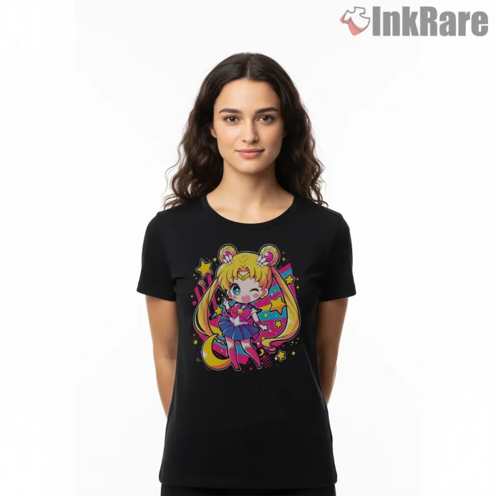 Bright Vector Style Cute Sailor Moon Shirt on black short sleeve shirt for women graphic tee